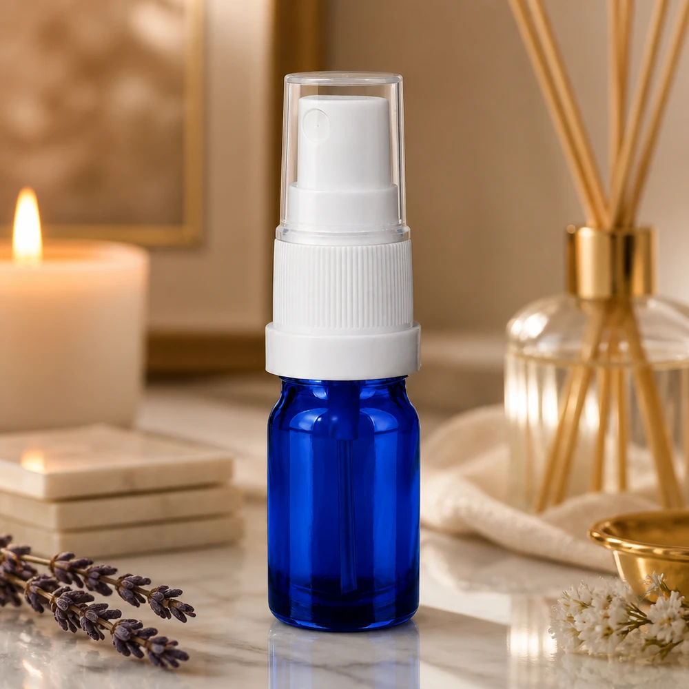 Robuste 5ml Spritzflasche blau-transparent mit weißem Sprühmechanismus STD BlueLine Qualität