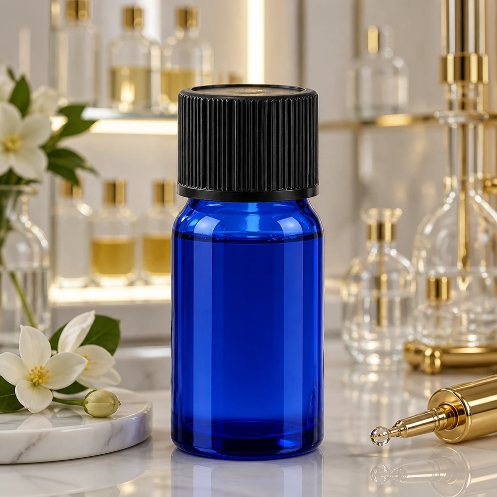 Handliche 5ml Tropfflasche in Blau mit schwarzem Deckel perfekt für Reise und unterwegs
