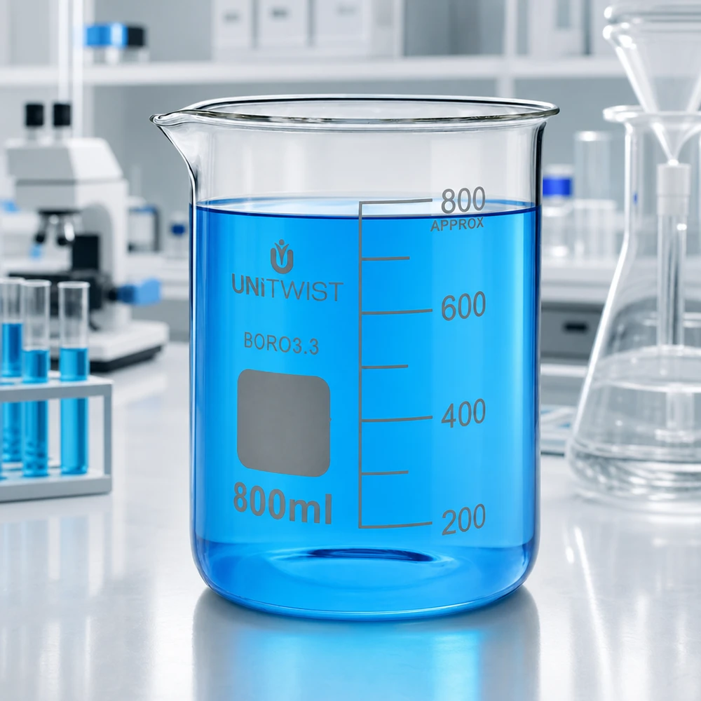 Becherglas 800ml Borosilikat, niedrige Form UNiTWIST Becherglas 800ml niedrige Form Borosilikat mit Beschriftungsfeld von UNiTWIST