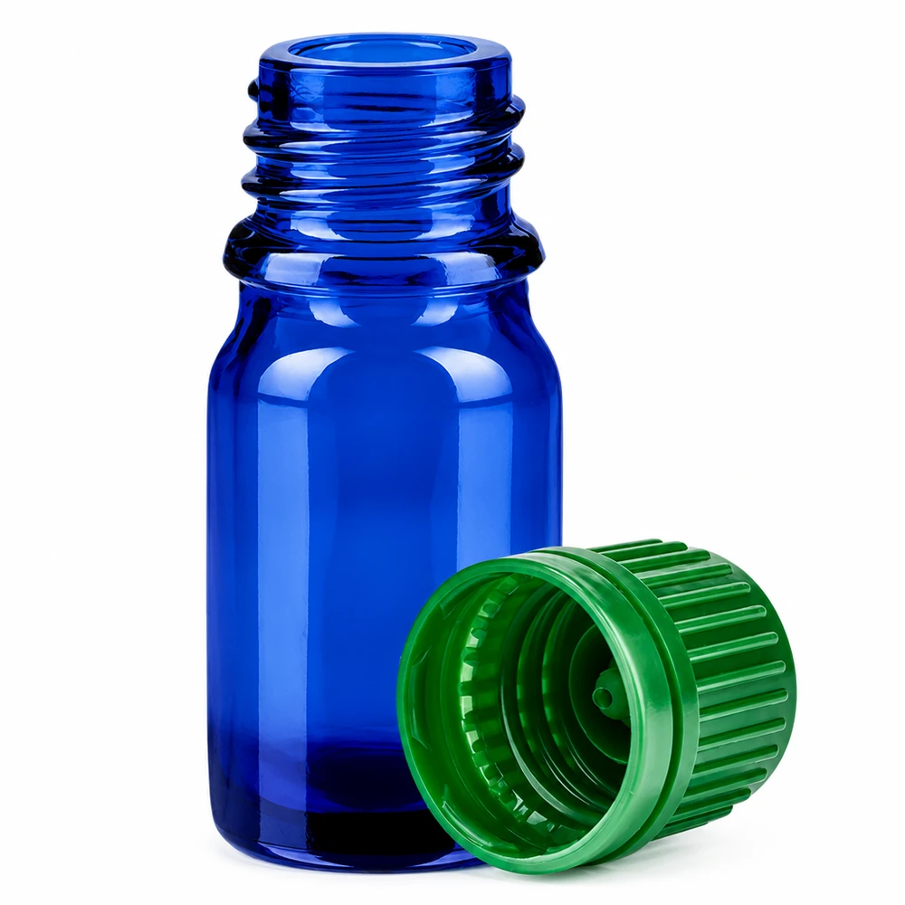 Hochwertige 5ml Apothekerflasche blau mit kindersicherem grünem Verschluss