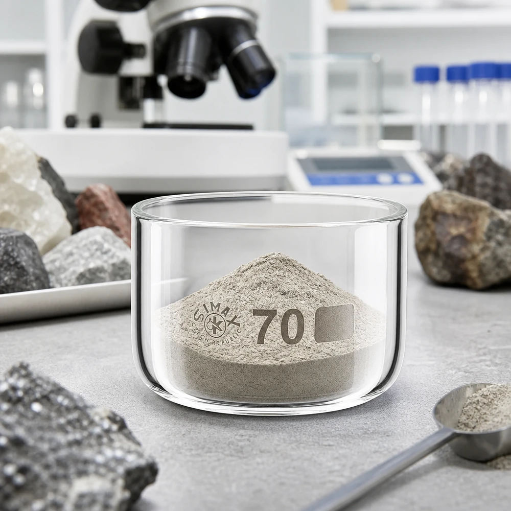 100ml Kristallisierschale ohne Ausguss Borosilikat ø70mm Transparente Laborkristallisierschale 100ml mit Mineralpulver gefüllt umgeben von Gesteinsproben