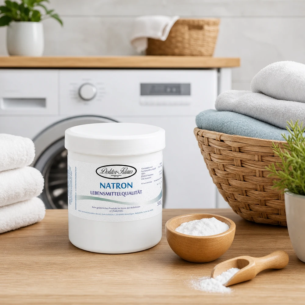Natron 500g Doktor-Klaus Natron 500g Doktor Klaus Mehrzweckreiniger im Korb mit Handtüchern für Badezimmer und Wellness