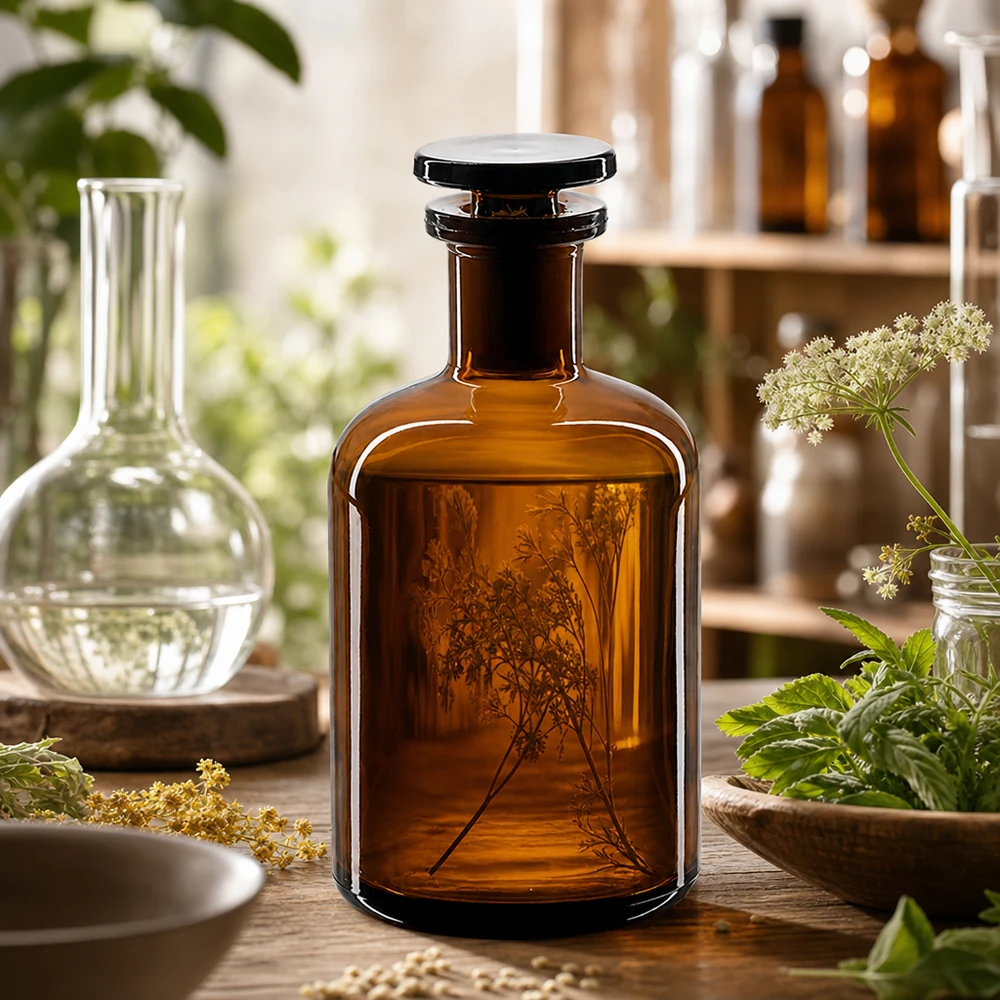Rundschulterfl. 100ml braun Enghals Glasstopfen Medizinflasche Braunglas 100ml schlanker Flaschenhals mit schwarzem Glasstopfen