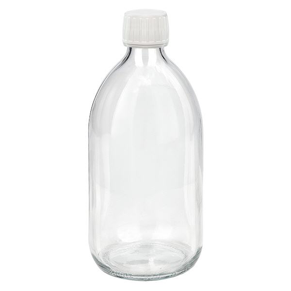500ml Medizinflasche klar, Verschluss weiß mit Originalitätsring ApoGlas 500ml Medizinflasche klar, Verschluss weiß mit Originalitätsring ApoGlas