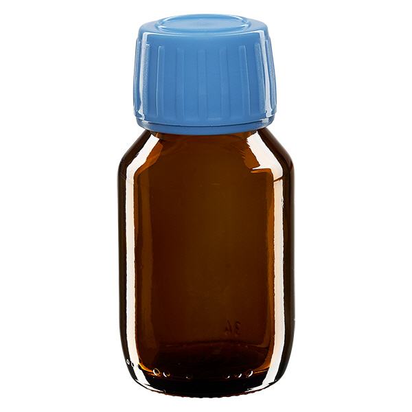 50ml Medizinflasche braun, Verschluss blau mit Originalitätsring ApoGlas 50ml Medizinflasche braun, Verschluss blau mit Originalitätsring ApoGlas