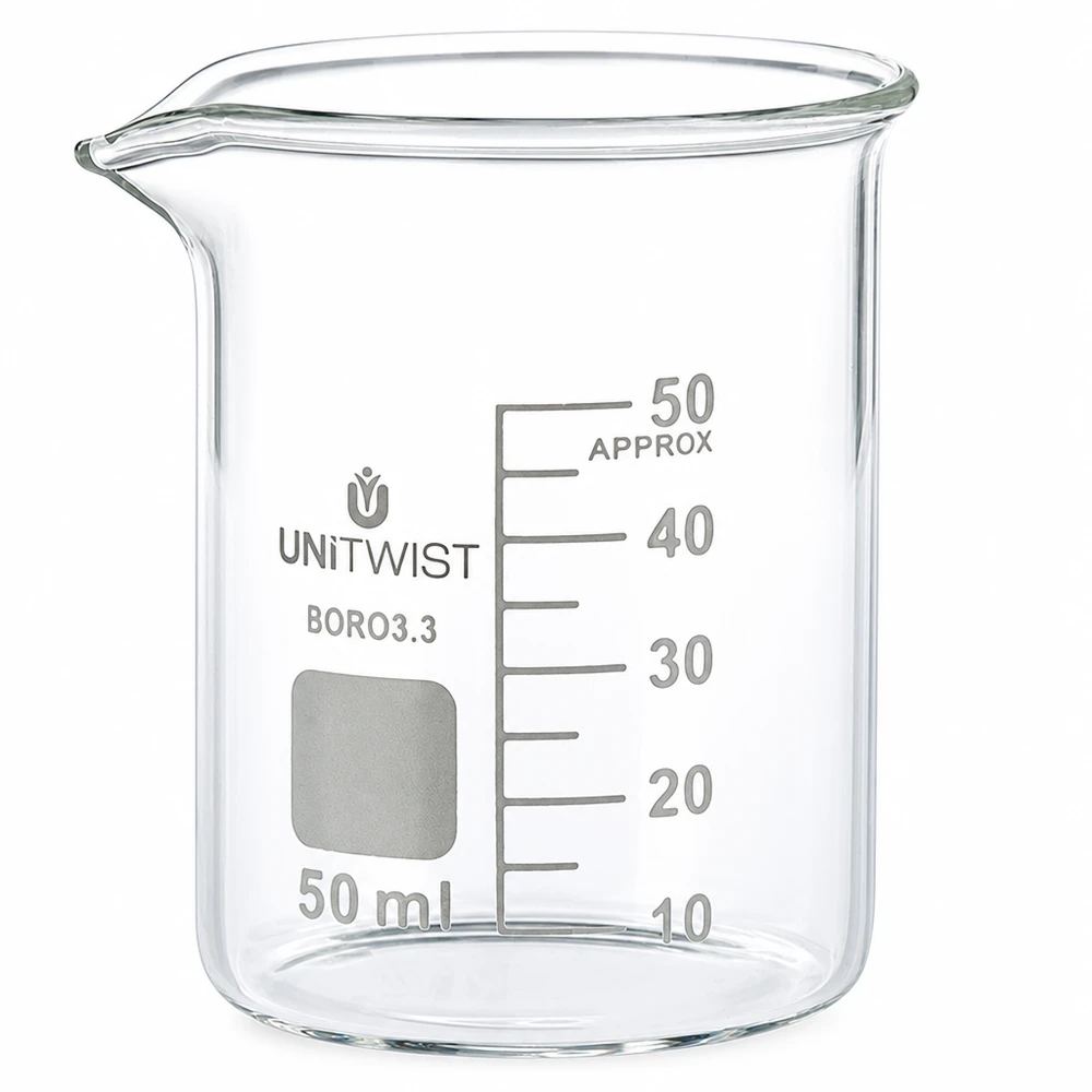 Becherglas 50ml Borosilikat, niedrige Form UNiTWIST UNiTWIST 50ml Becherglas Borosilikat 3.3 niedrige zylindrische Form mit Messskala