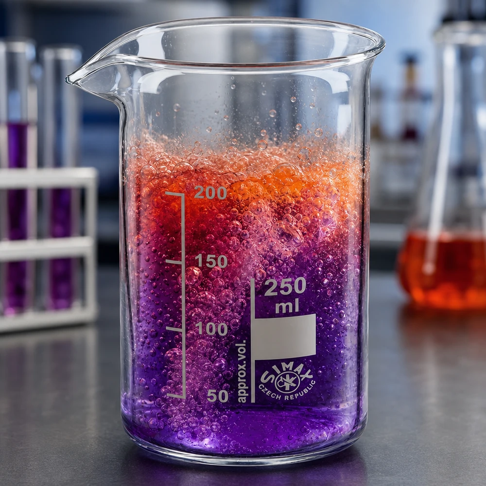 Becherglas 250ml Borosilikatglas, hohe Form Becherglas 250ml Borosilikatglas hohe Form mit schäumender Flüssigkeit in Violett und Rot