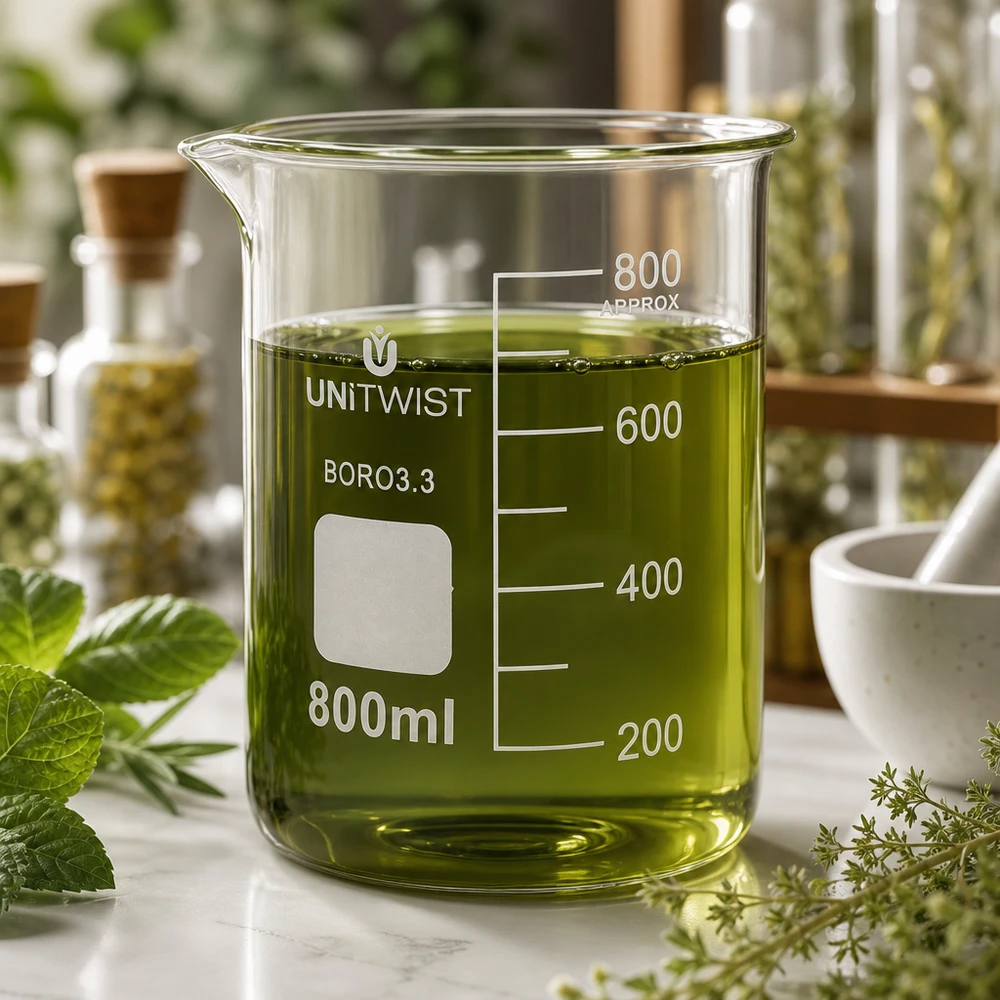 Becherglas 800ml Borosilikat, niedrige Form UNiTWIST Becherglas niedrige Form 800ml Borosilikat mit grüner Flüssigkeit bei 750ml Füllstand UNiTWIST