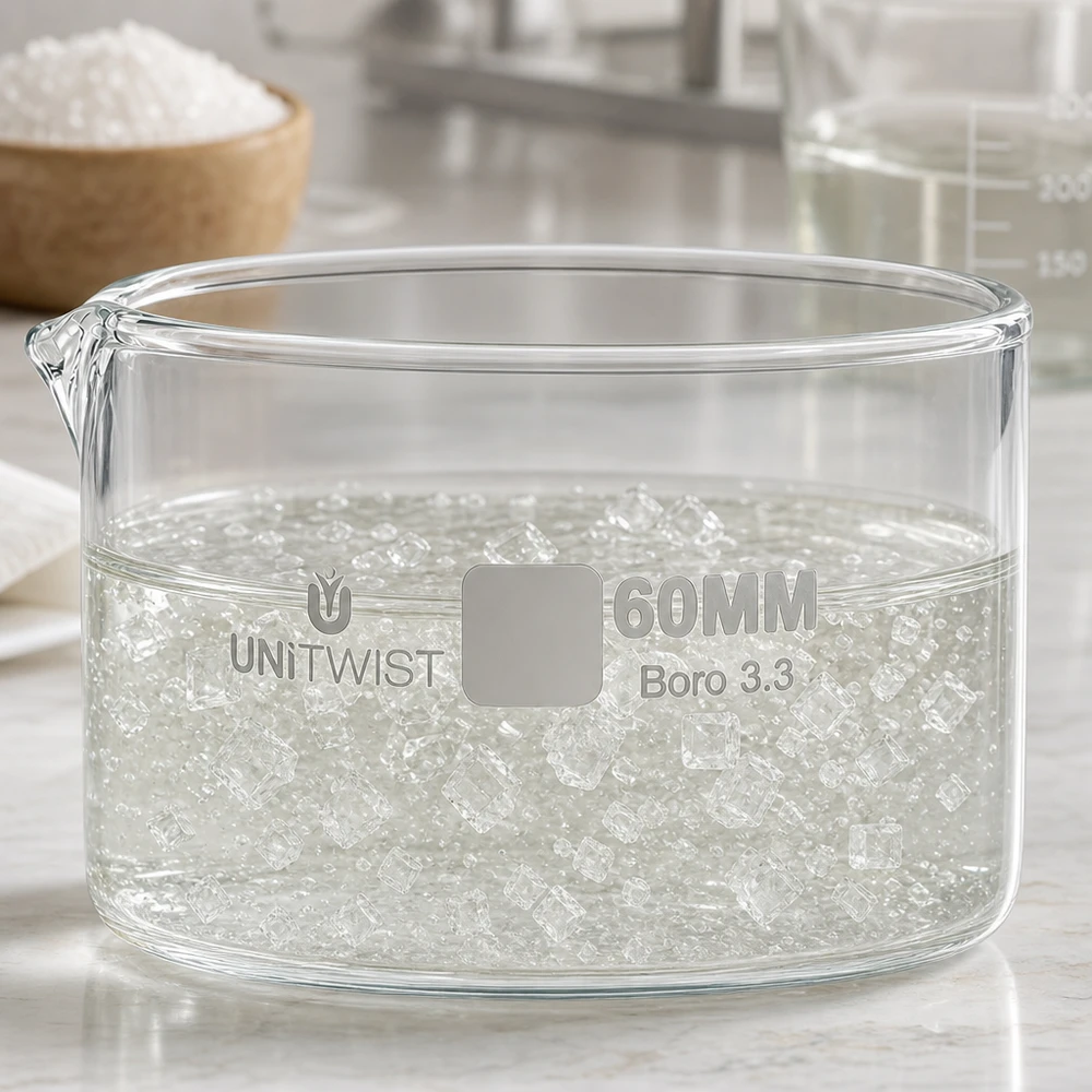Kristallisierschale UNiTWIST Boro 3.3 mit superabsorbierenden Polymerkristallen in Wasser