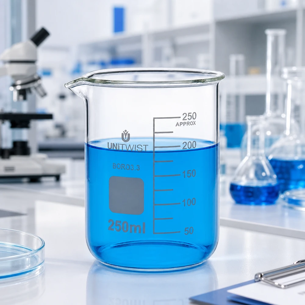 Becherglas 250ml Borosilikat, niedrige Form UNiTWIST Chemiebeständiges Becherglas 250ml niedrige Form Borosilikat UNiTWIST mit Graduierung