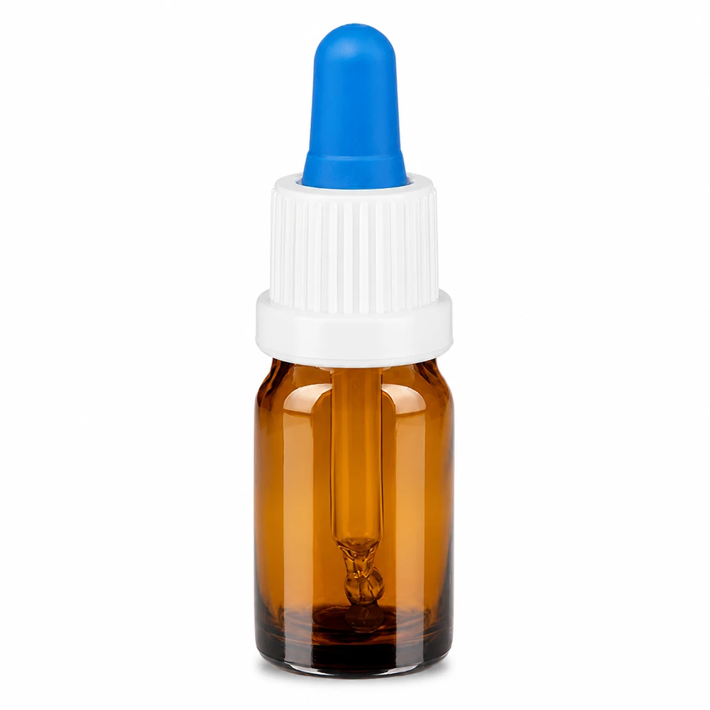 Handliche 5ml Pipettenflasche BrownLine mit weißem Gewinde und blauer Gummispitze