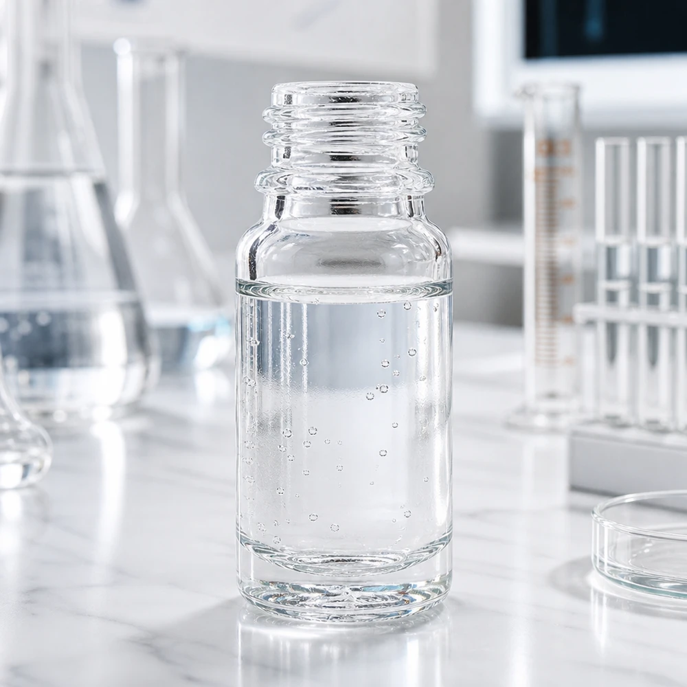 10ml Apothekenflasche ClearLine UNiTWIST mit transparentem Flüssigkeitsinhalt und Blasenbildung
