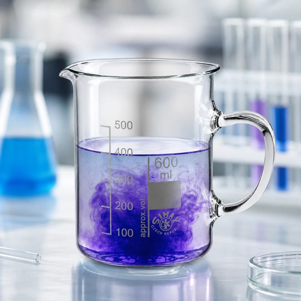 Zylindrisches Becherglas 600ml mit Henkel und Ausguss im professionellen Laborumfeld