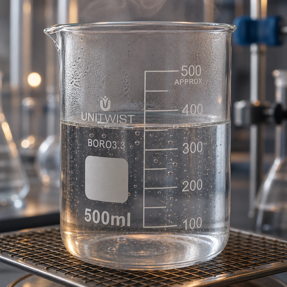 Klarglas Becherglas 500ml UNiTWIST BORO3.3 mit Ausguss und Blasenbildung im Laboraufbau