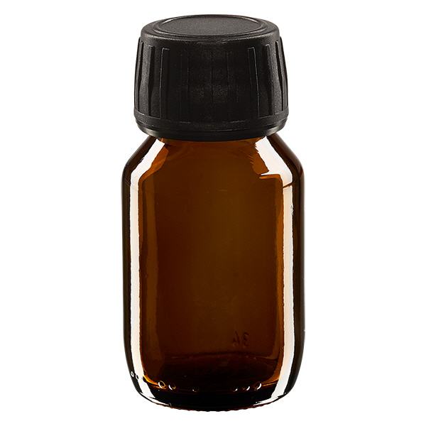 50ml Medizinflasche braun, Verschluss schwarz mit Originalitätsring ApoGlas
