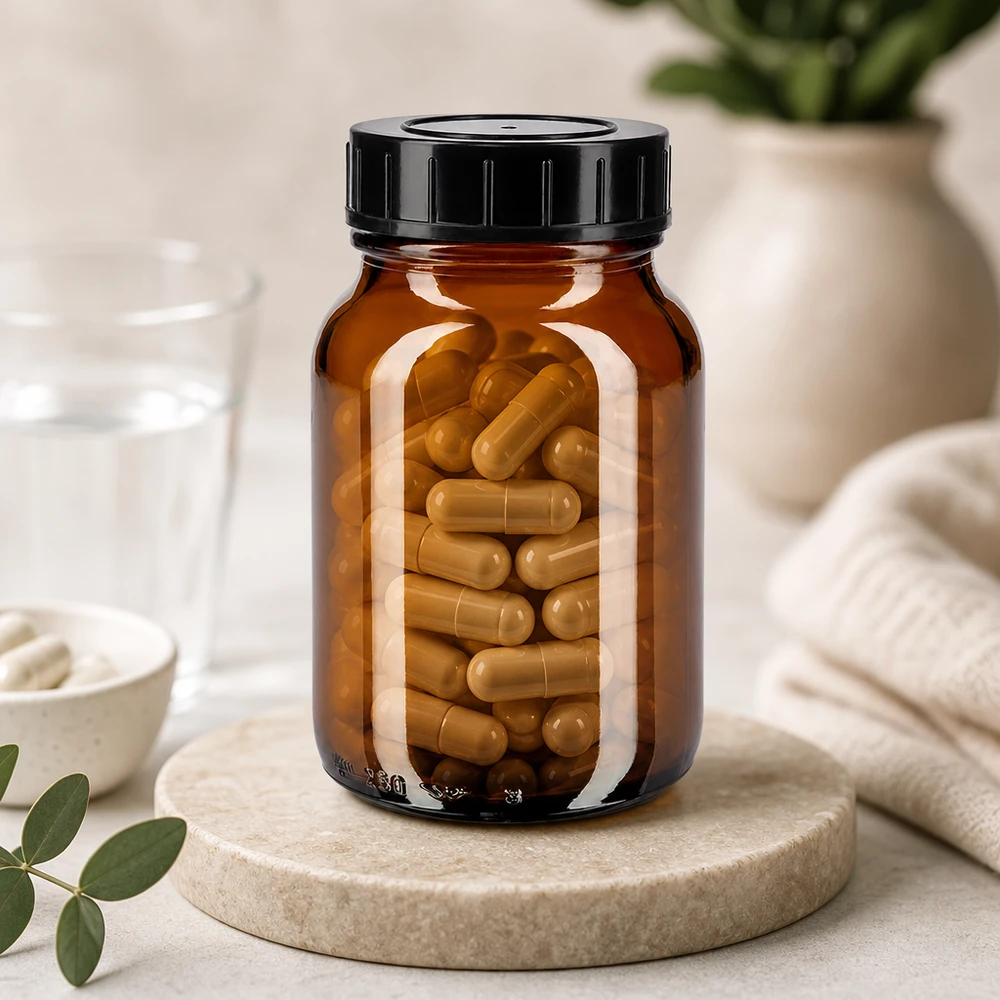 Premium Weithalsglas 250ml bernsteinfarben mit stabilem Verschluss für Nahrungsergänzung