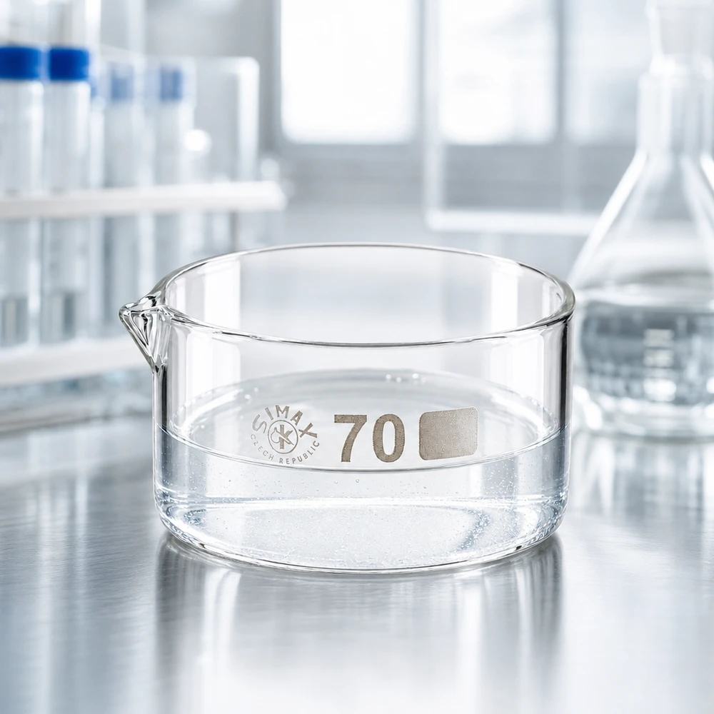100ml Kristallisierschale mit Ausguss Borosilikat ø70mm Hochtemperaturbeständige Laborschale 100ml aus klarem Borosilikatglas mit Reagenzgläsern im Hintergrund