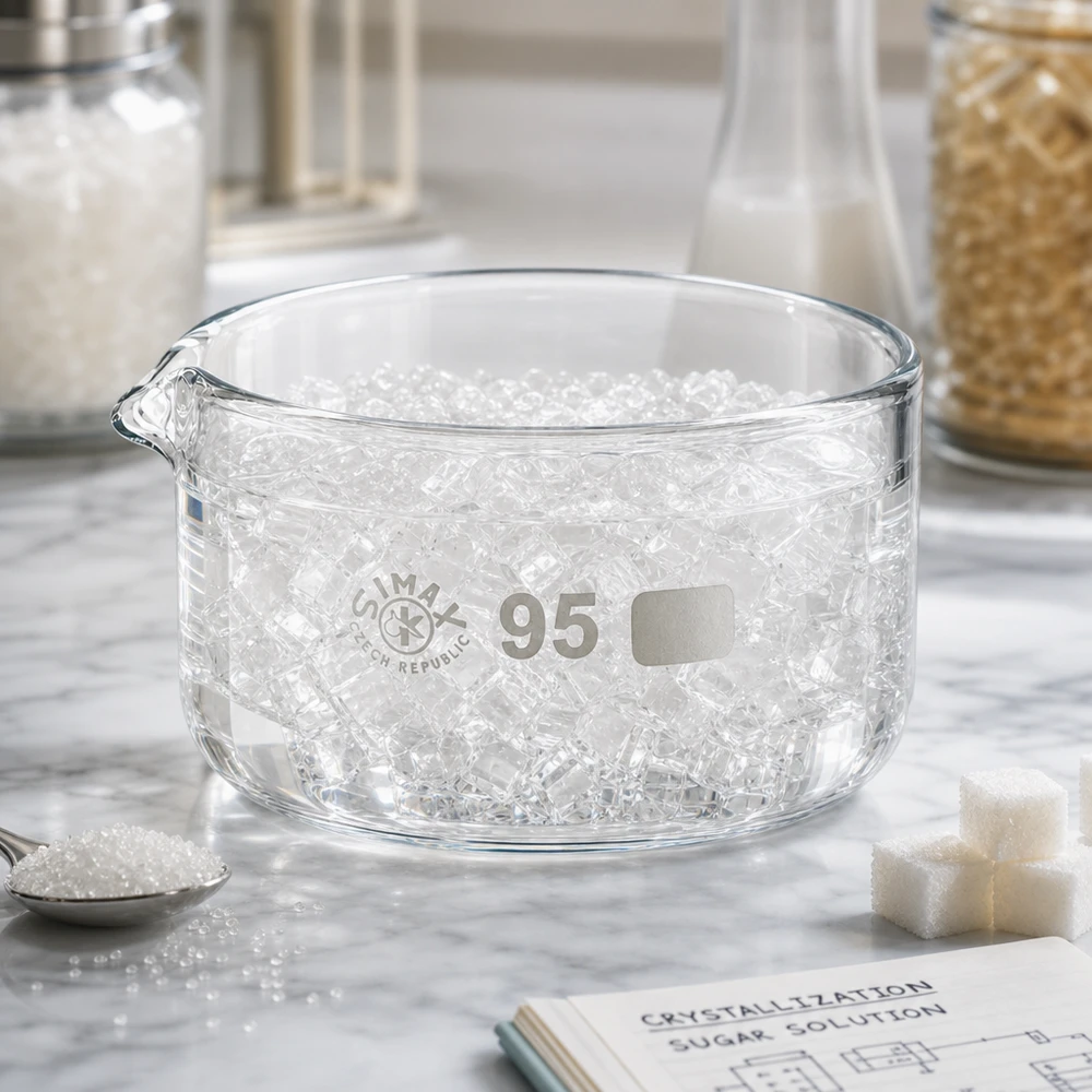 300ml Kristallisierschale mit Ausguss Borosilikat ø95mm Kristallisierschale 300ml ø95mm transparentes Laborglas mit granuliertem Zucker Ausguss SIMAX