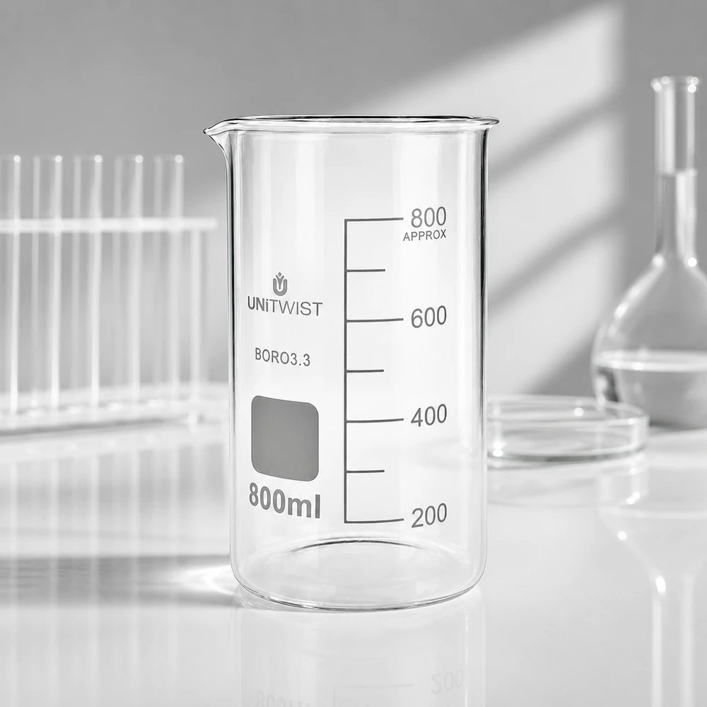 Klares hitzebeständiges Becherglas 800ml hohe Form Borosilikat UNITWIST im professionellen Labor