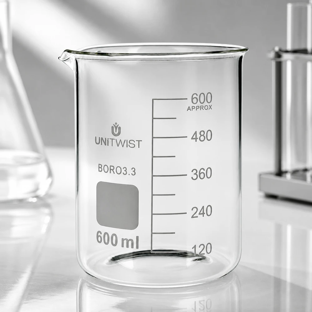 Becherglas 600ml Borosilikat niedrige Form UNiTWIST mit rechteckigem Beschriftungsfeld und Skala