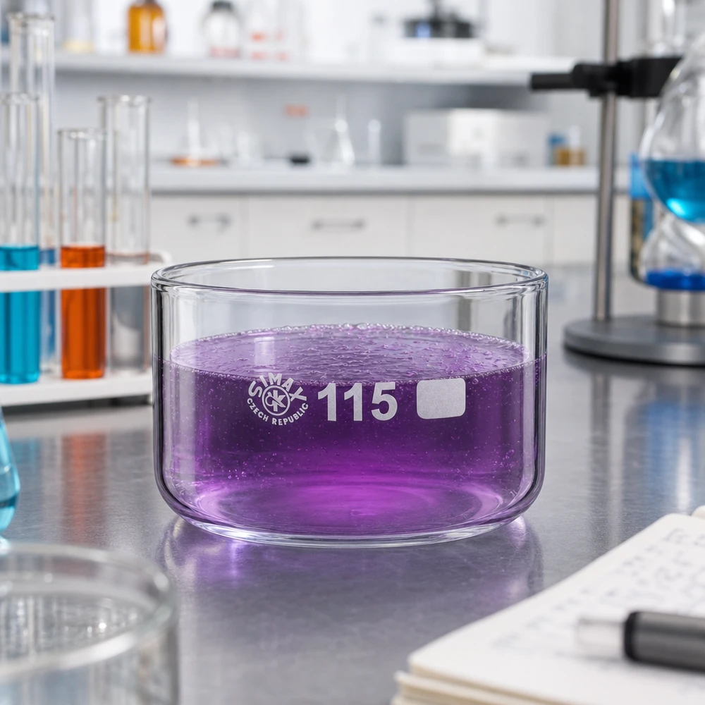 Niedrige Laborschale aus hitzebeständigem Glas 500ml mit siedender violetter Flüssigkeit