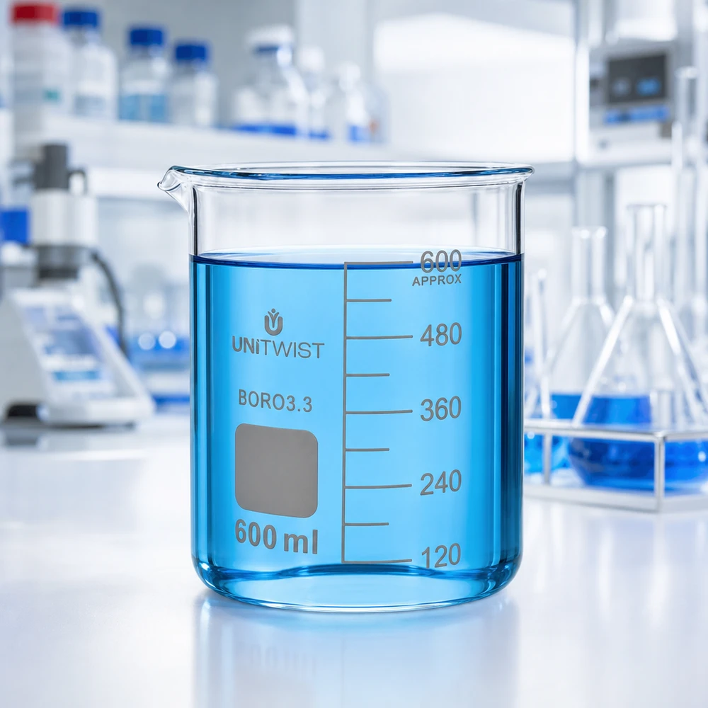 Becherglas 600ml niedriger Form mit Graduierung und Schreibfeld aus Borosilikatglas