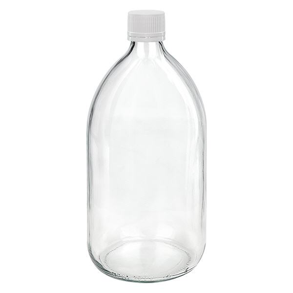 1000ml Medizinflasche klar, Verschluss weiß/fein mit Originalitätsring ApoGlas 1000ml Medizinflasche klar, Verschluss weiß/fein mit Originalitätsring ApoGlas