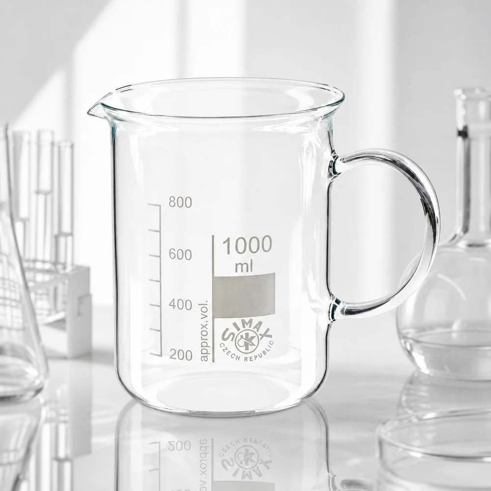 Becherglas 1000ml Borosilikatglas mit Henkel Ausguss und weißer Messskala