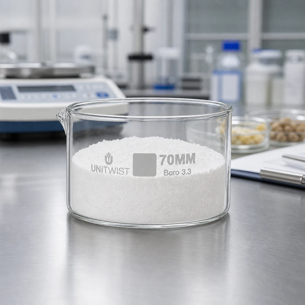 Laborschale UNiTWIST 70mm Borosilikatglas transparent mit weißem kristallinen Material gefüllt