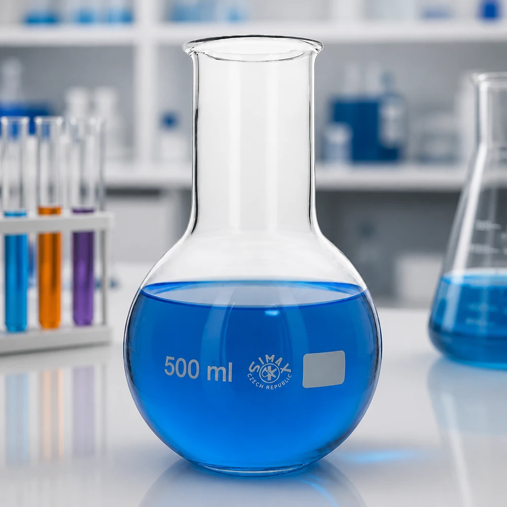 Glaskolben 500ml mit stabilem Stand und weiter Öffnung für Analytik