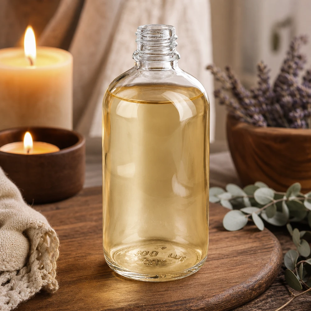 100ml Apothekerflasche ClearLine auf rustikalem Holztablett mit Naturkräutern und Kerzenlicht