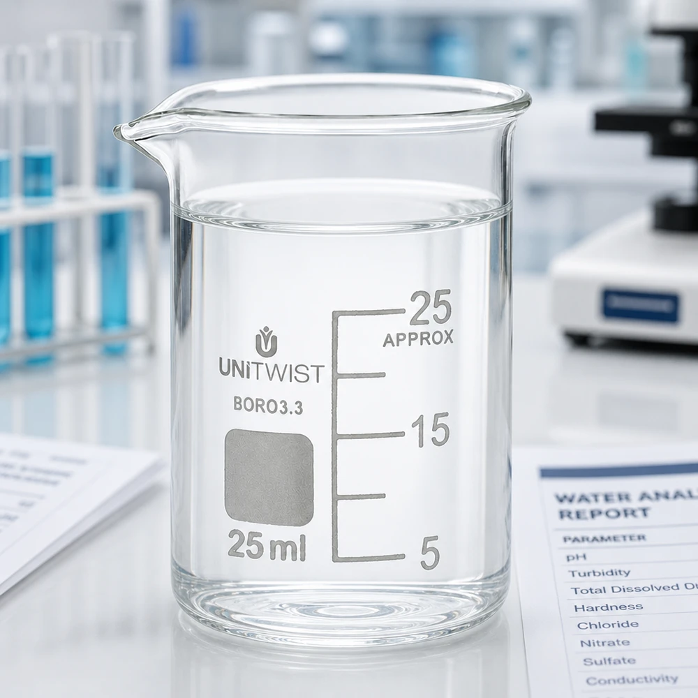 Graduiertes Becherglas 25ml aus Borosilikat 3.3 in niedriger Form mit Wasserprobe im Labor