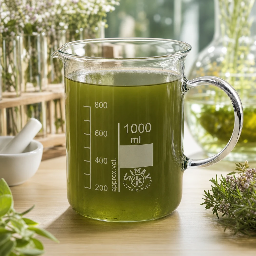 Becherglas 1000ml Borosilikatglas, mit Henkel Simax Becherglas 1000ml mit sichtbarer Messskala gefüllt mit grünem Pflanzenextrakt