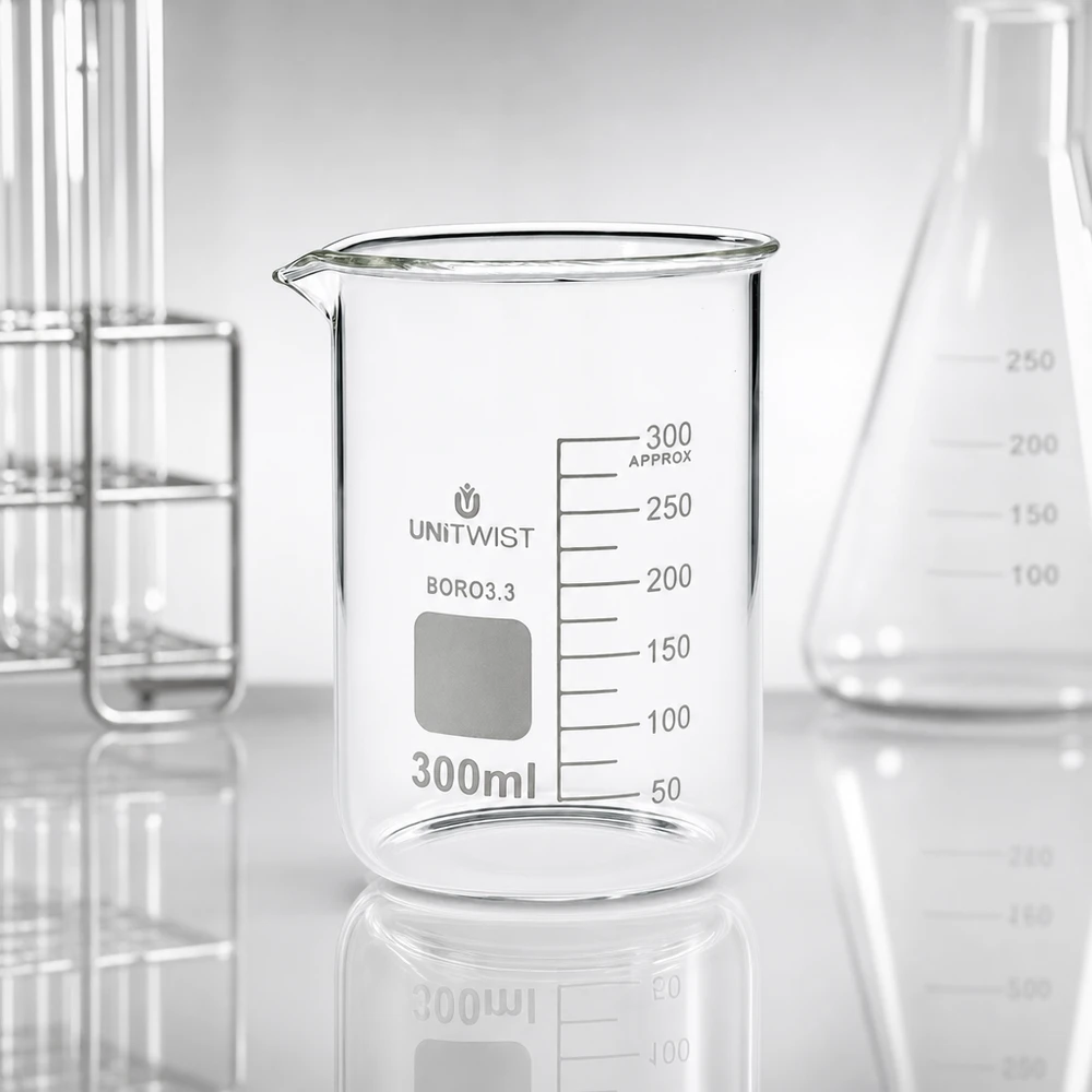 Becherglas 300ml Borosilikat UNiTWIST mit Beschriftungsfeld und Erlenmeyerkolben im Set