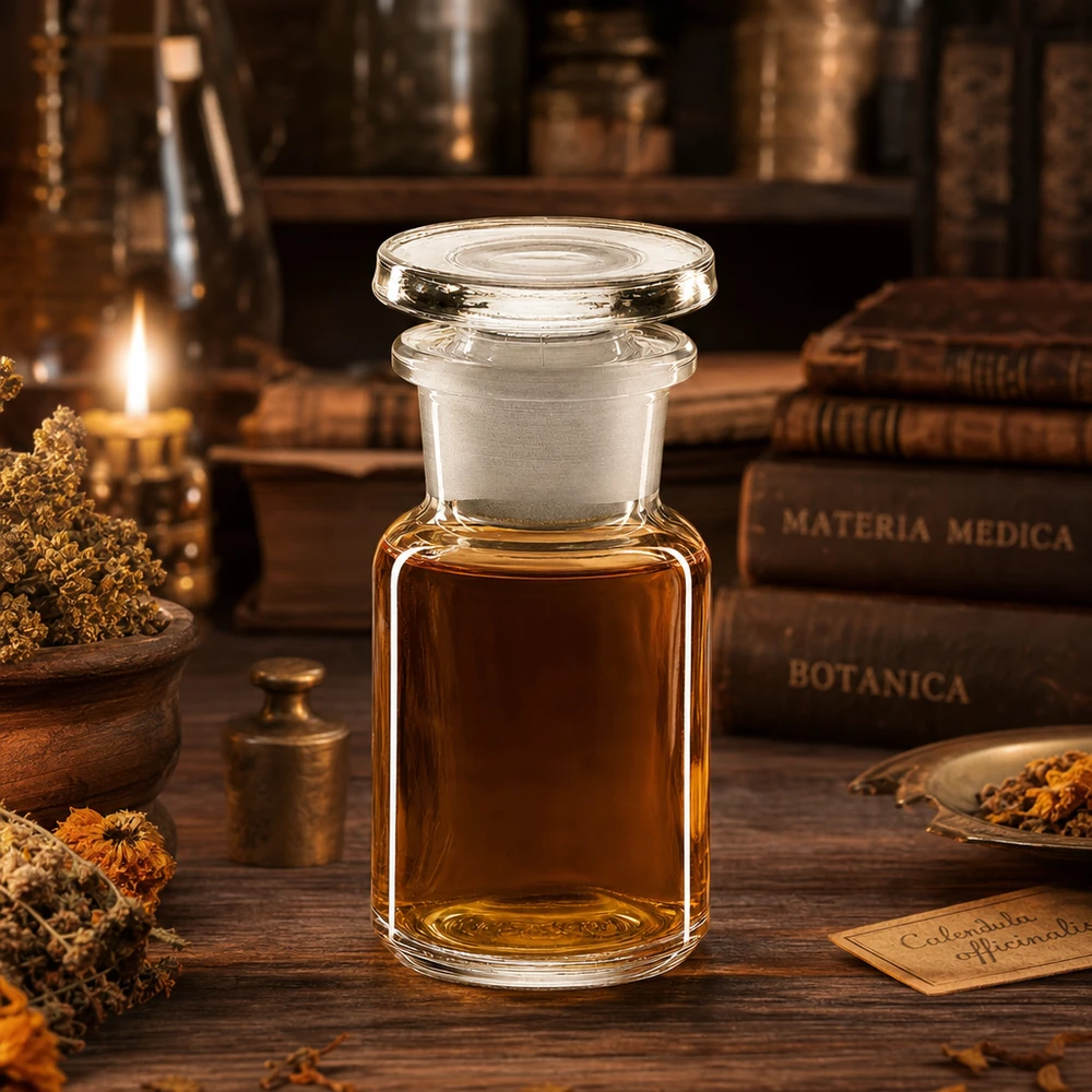Medizinische Rundschulterflasche Weithals 50ml Klarglas mit Stopfen und Kräuterdekoration