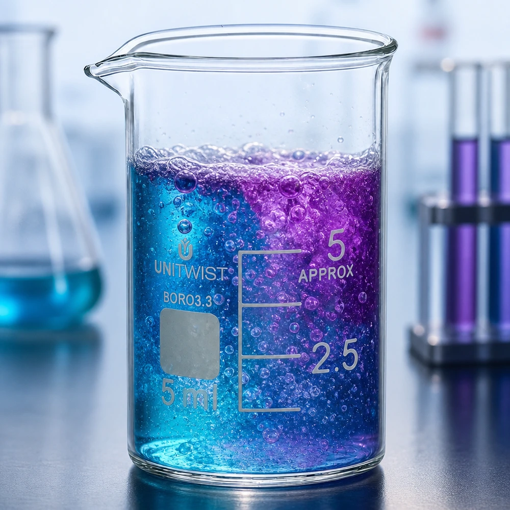 Becherglas niedrige Form 5ml mit lebhafter Farbreaktion in blau und violett von UNiTWIST