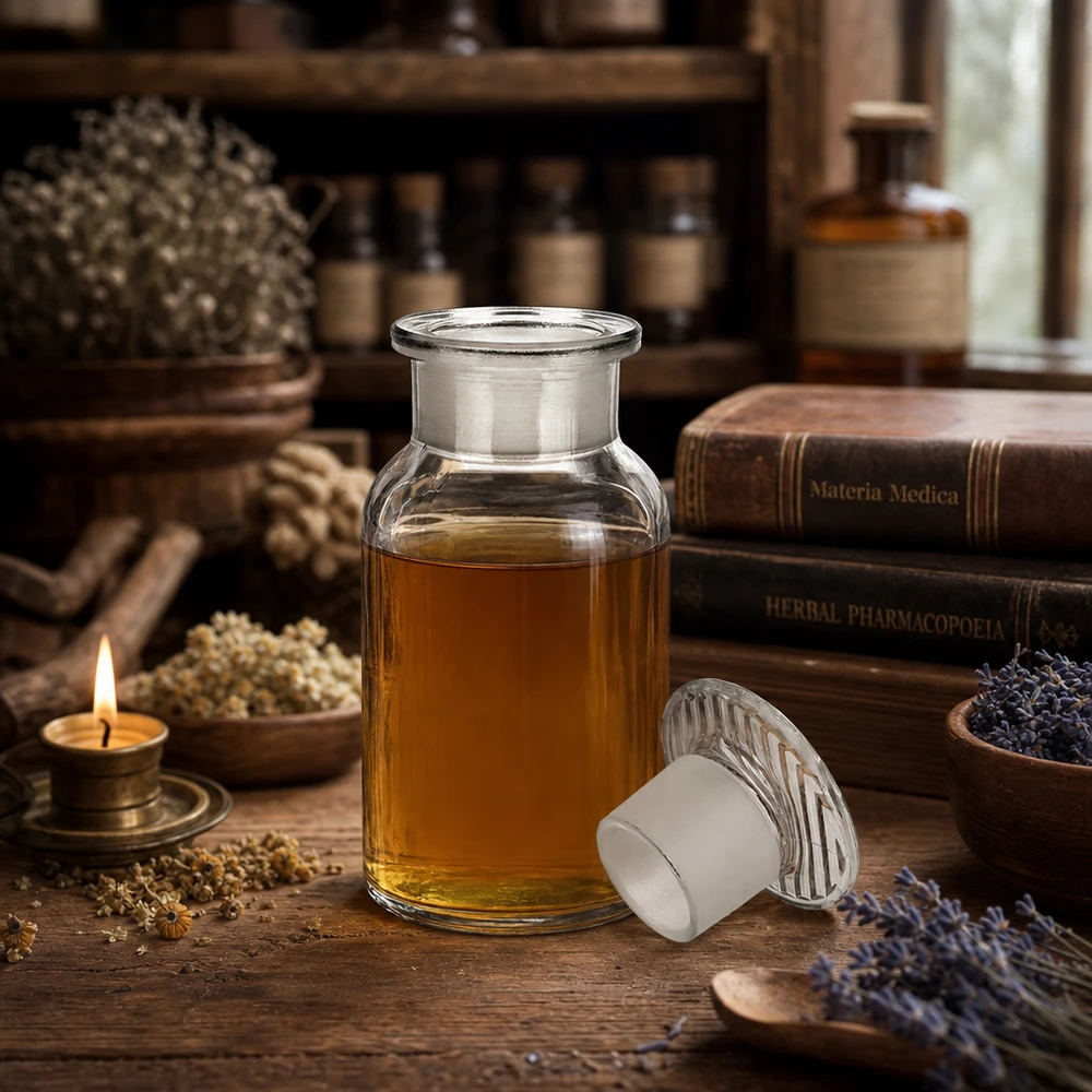 Klassische Rundschulterflasche 100ml aus klarem Glas mit Weithals und luftdichtem Stopfen