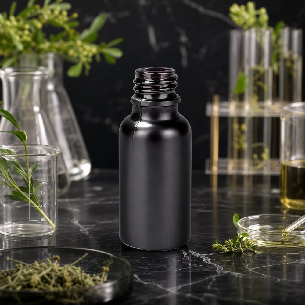 Hochglanz schwarze Apothekerflasche 20ml mit präzisem UNiTWIST Gewinde für sicheren Verschluss