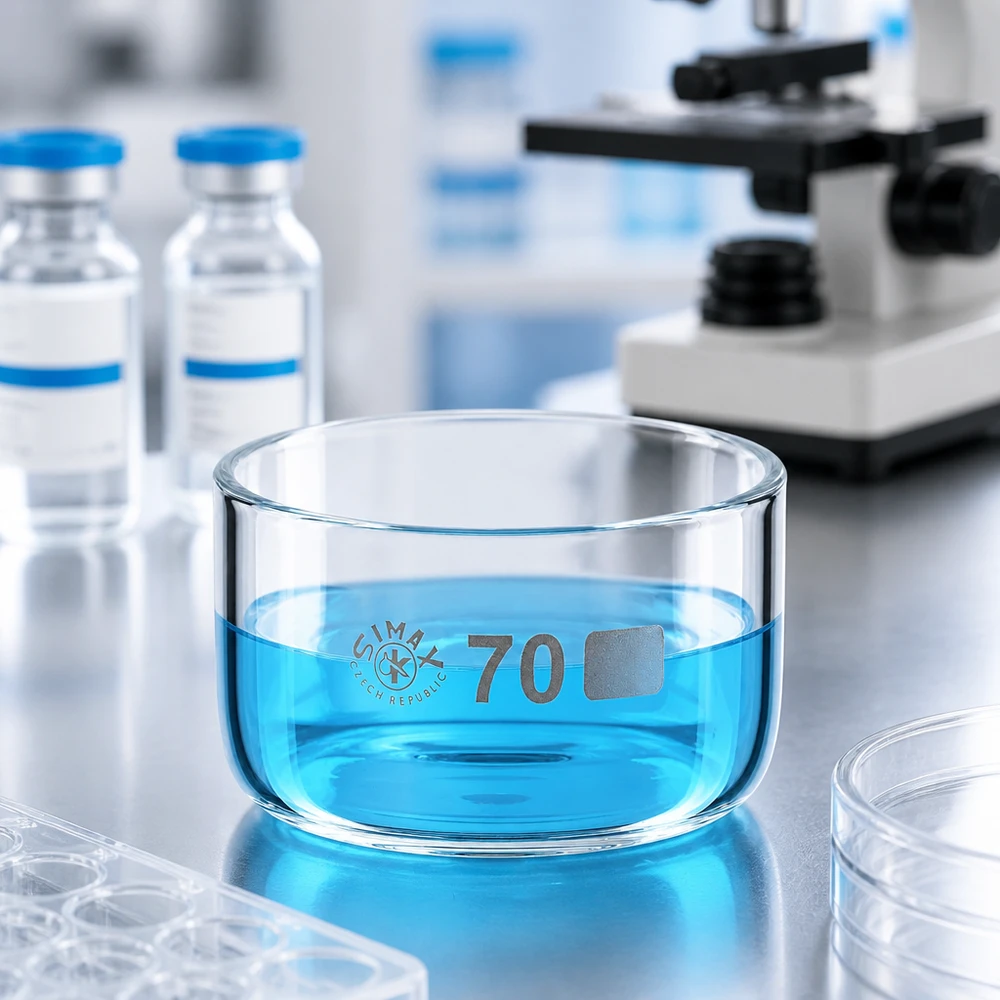 Simax Laborglasware 100ml Kristallisierschale tschechische Qualität mit blauer Indikatorlösung gefüllt