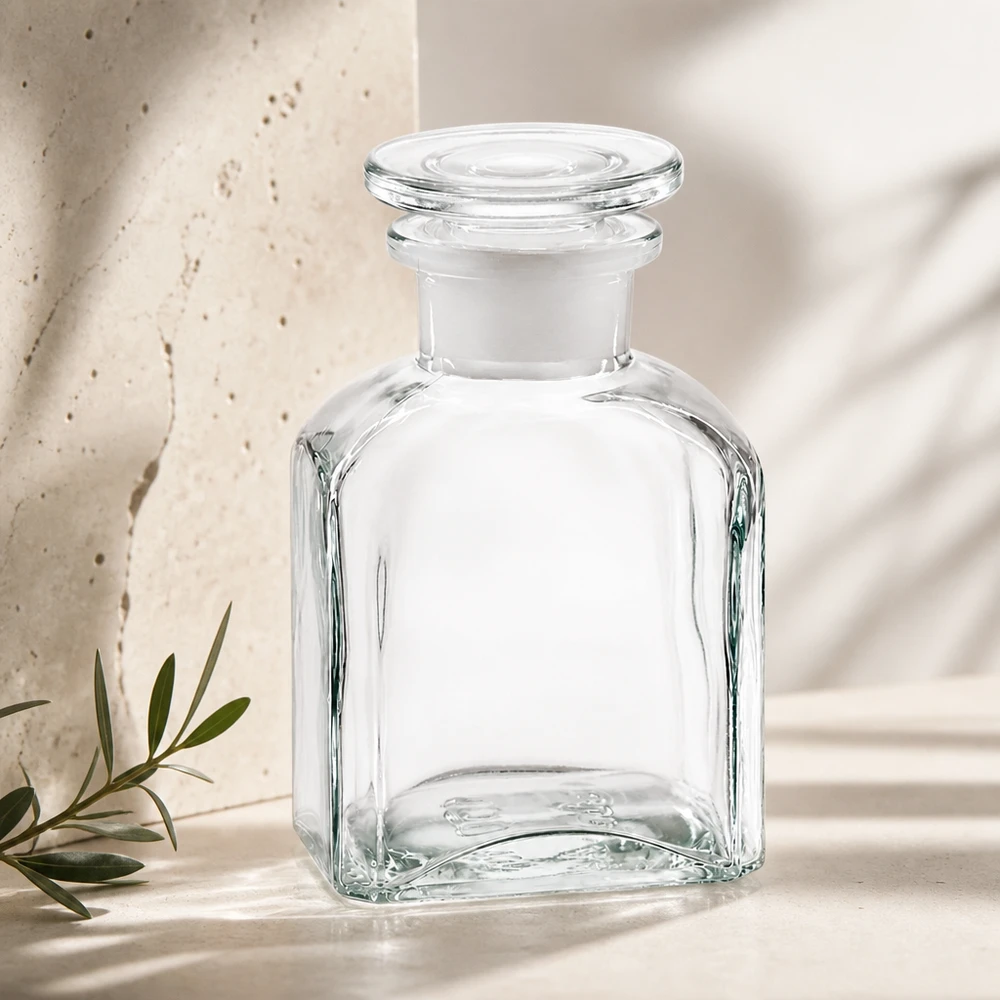 Vierkantflasche 150ml klar Weithals Glasstopfen Glasflasche 150ml Vierkantform Weithals mit Stopfen für Kosmetik und Naturprodukte geeignet