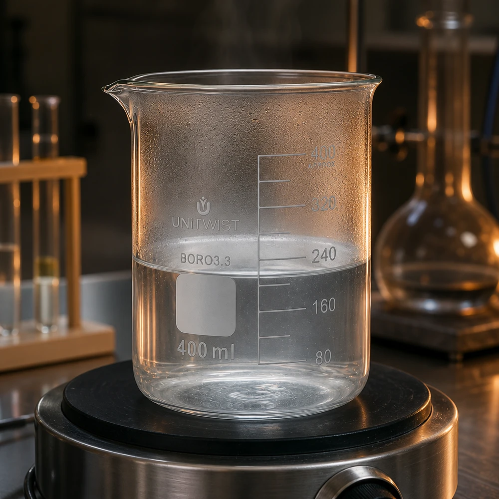 UNiTWIST Becherglas 400ml Niedrigform mit Reagenzglasständer und Erlenmeyerkolben im Hintergrund