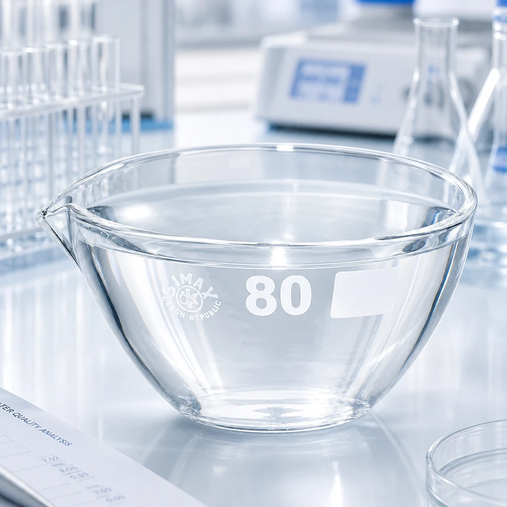 90ml Abdampfschale mit Ausguss Borosilikat ø80mm Ergonomische Abdampfschale 90ml Borosilikat mit praktischem Ausguss für komfortable Handhabung