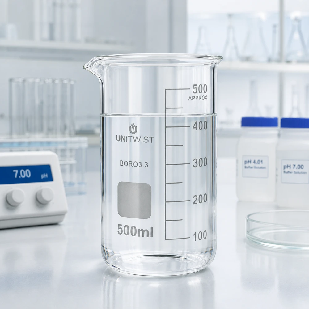 Becherglas 500ml hohe Form mit klarem Inhalt neben Petrischale und Reagenzgläsern
