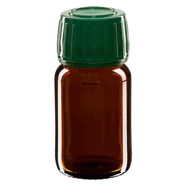 30ml Medizinflasche braun, Verschluss grün mit Originalitätsring ApoGlas 30ml Medizinflasche braun, Verschluss grün mit Originalitätsring ApoGlas