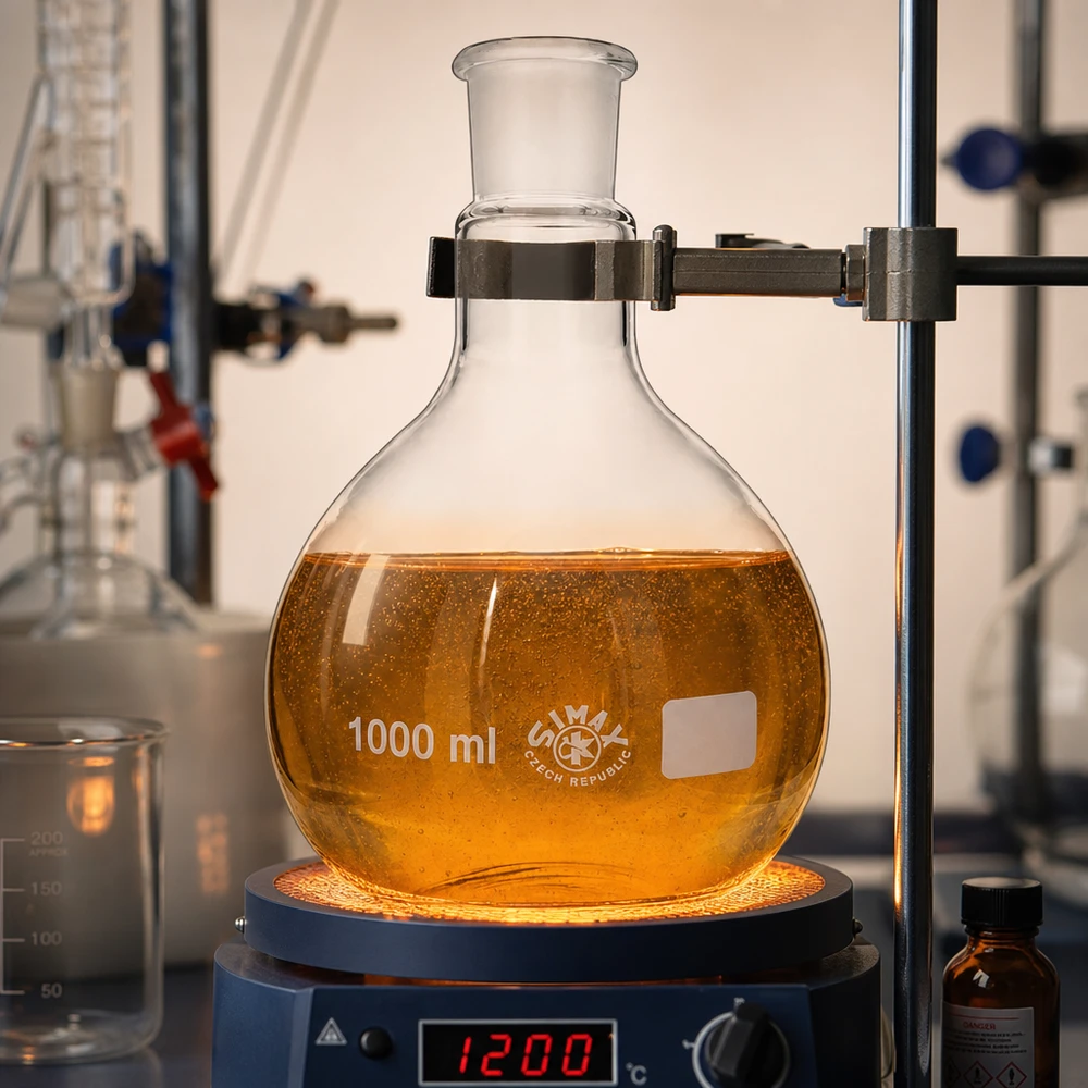 Stehkolben 1000ml mit Normschliff (29/32) Laborstehkolben 1000ml mit warmem Reaktionsgemisch und stabilem Metallhalterungssystem