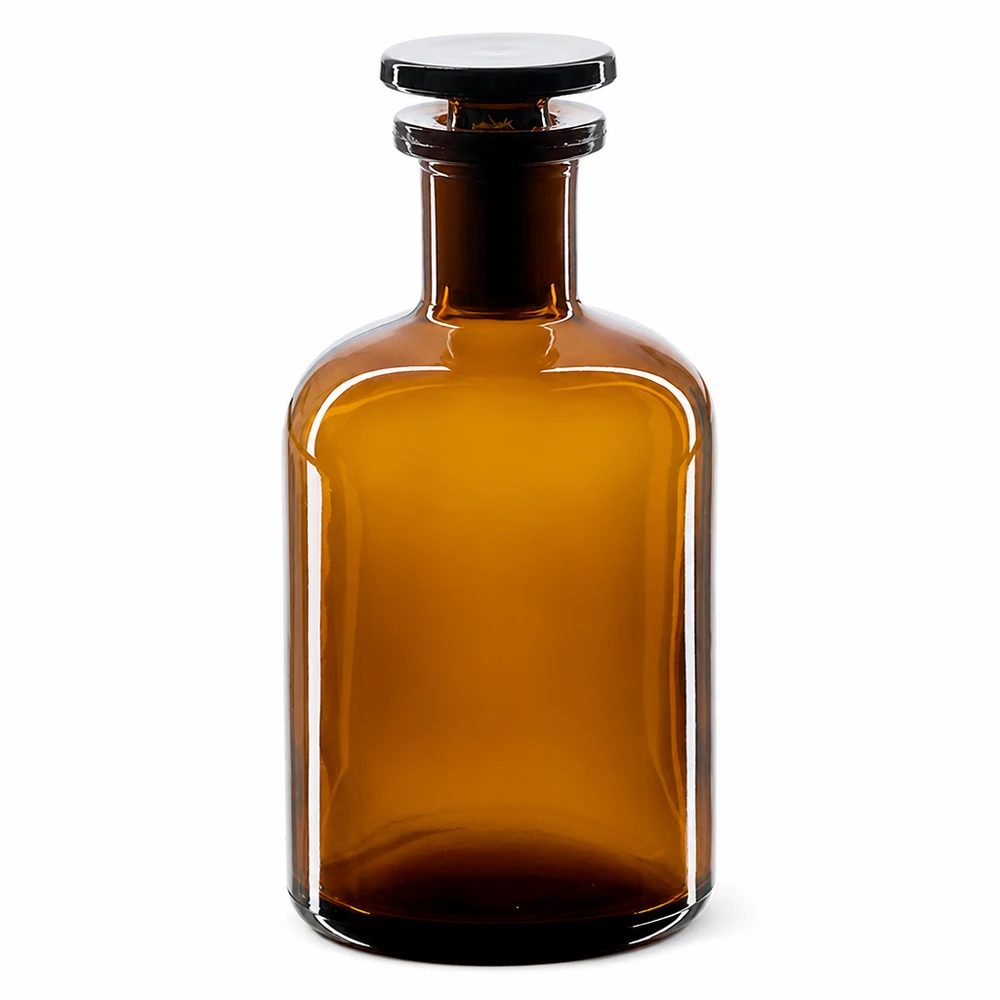 Amber Rundschulterflasche Enghals 100ml braungebläut mit transparentem Glasstopfen
