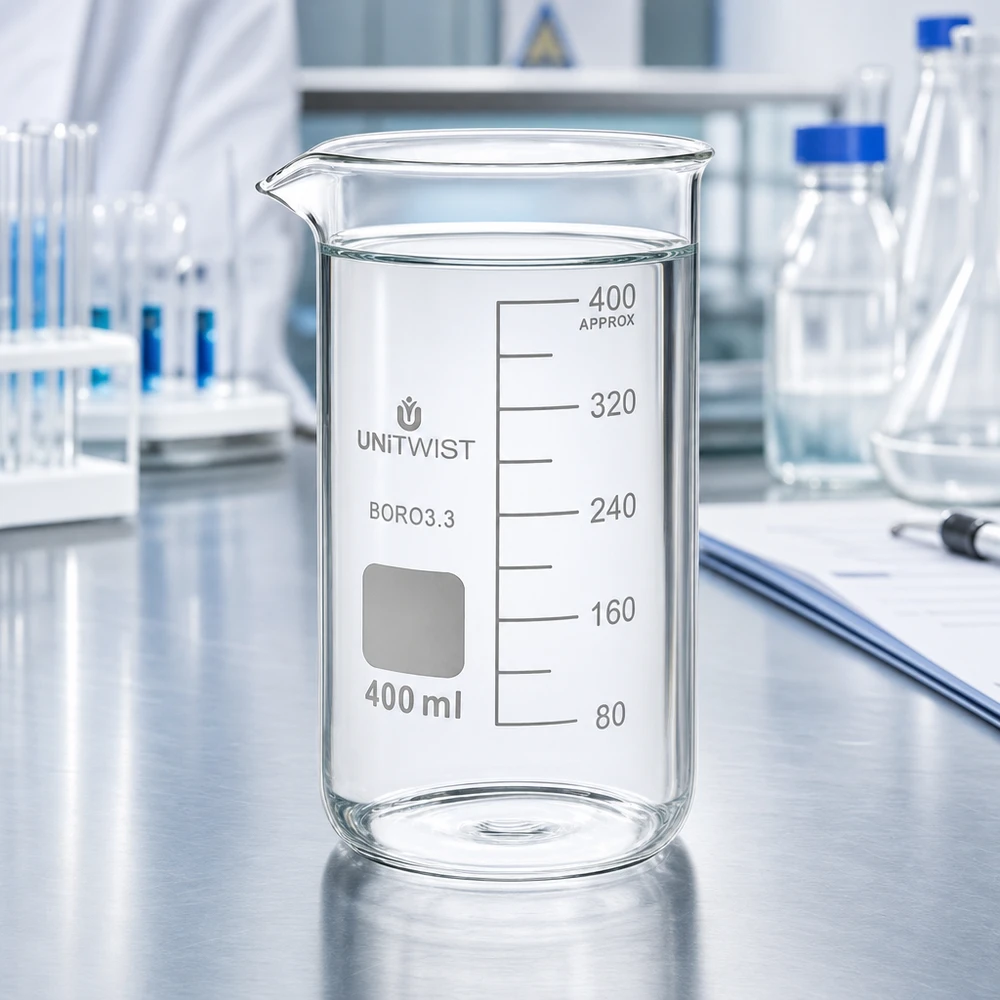 Laborglas 400ml hohe Form UNITWIST Borosilikat 3.3 mit Skalierung und weißem Hintergrund
