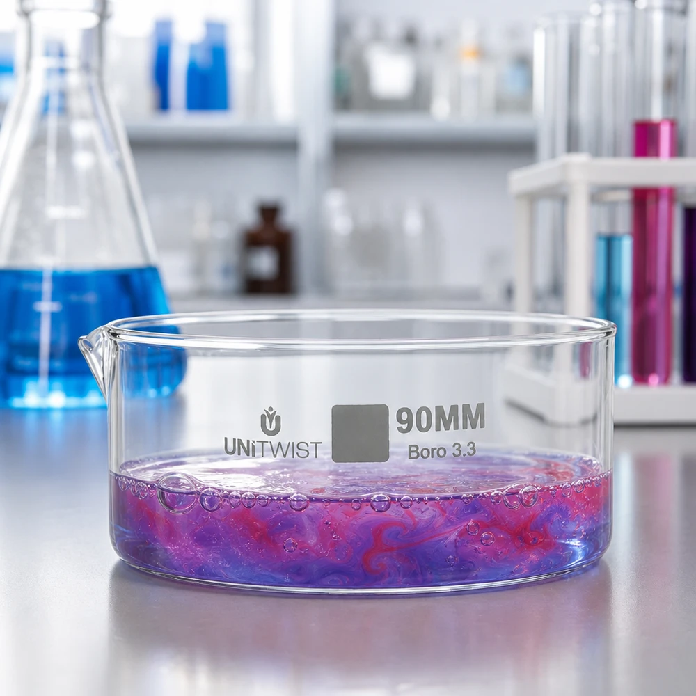 Borosilikatglas Kristallisierschale UNiTWIST 90mm chemische Farbreaktion violett rot Labor