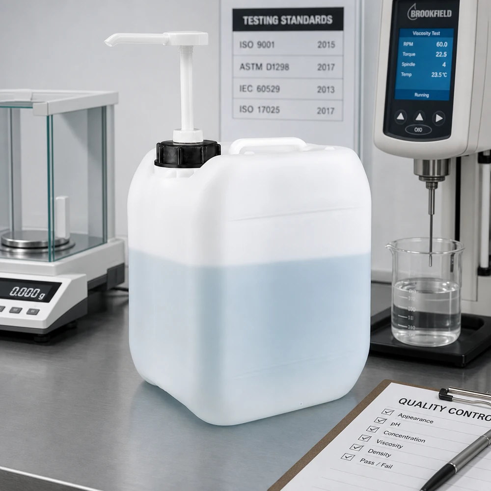 Kanister 5 Liter mit Dosierpumpe Halbgefüllter 5 Liter HDPE Kanister mit hellblauer Flüssigkeit und Pumpe bei Viskositätstest