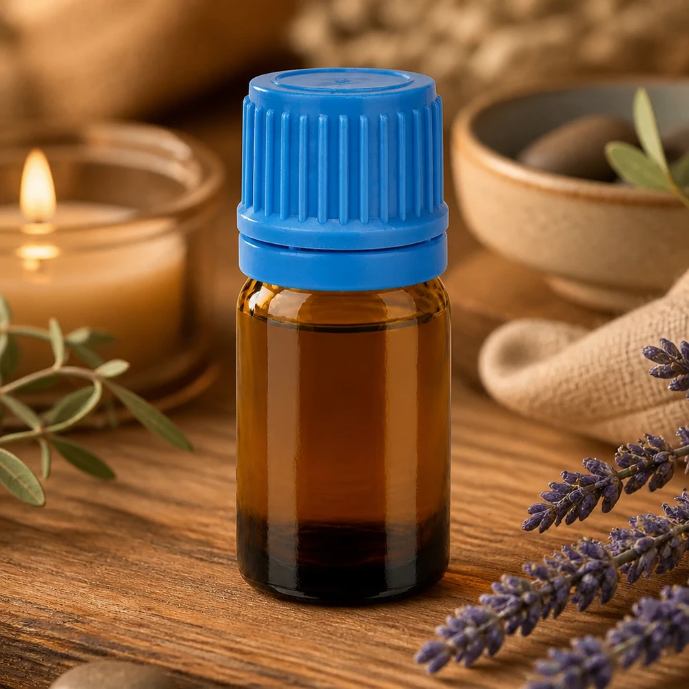 5ml bernsteinfarbene Glasflasche mit stabilem blauen Kunststoffverschluss für Reisen